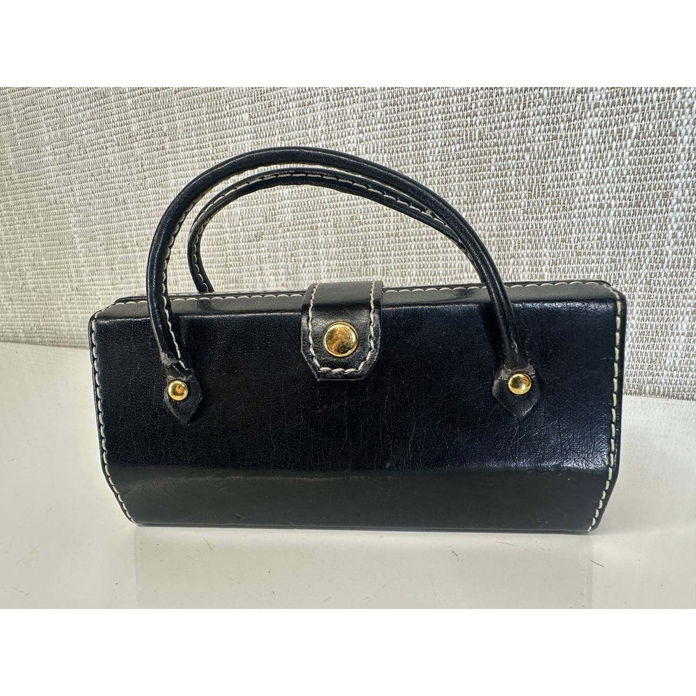 Vintage Black Leather Rigid Box Clutch Bag Gold Hardware - 039-1 (118)